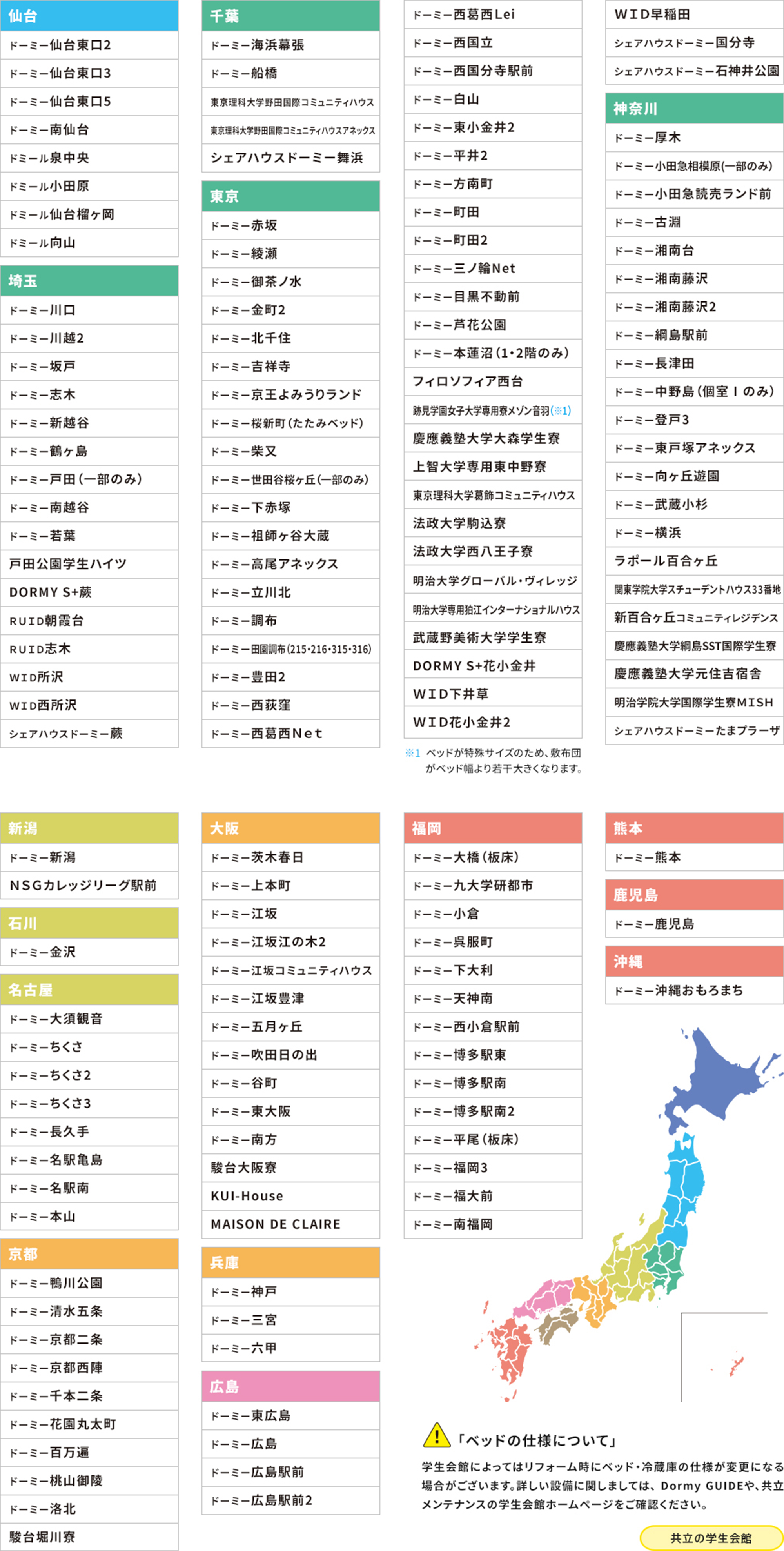 すのこタイプベッドの学生会館一覧